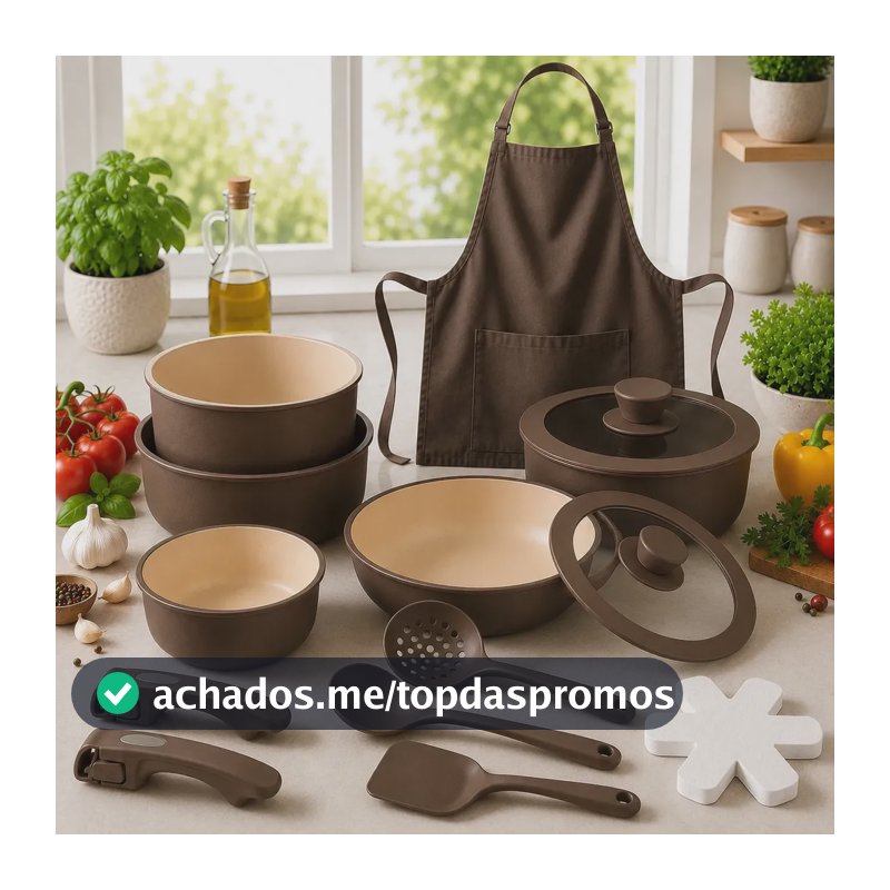 Jogo De Panelas Cerâmica 21 Pcs Antiaderente Cabo Removível Marrom
