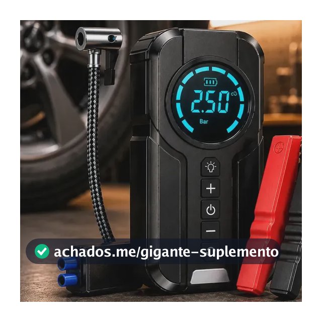 Auxiliar de Partida Bateria e Compressor de Ar Portátil 6 em 1 Inteligente para Carro, Moto e Bicicleta com Lanterna e Power Bank