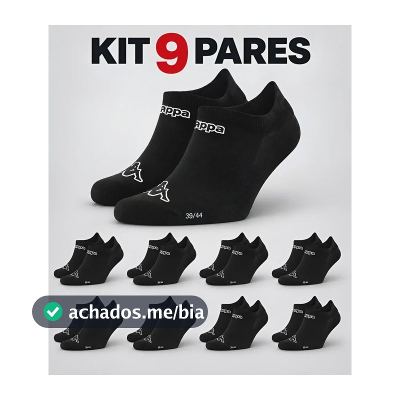 Kit 9 Pares Meias Kappa Sapatilha Soquete Invisível Original Preto 38-43