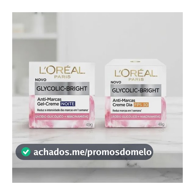L'Oréal Paris Glycolic Bright Kit Anti-Marcas Dia e Noite com Ácido Glicólico e Niacinamida, Creme Dia FPS 30 e Gel-Creme Noite, Reduz Manchas e Uniformiza a Pele, 49ml