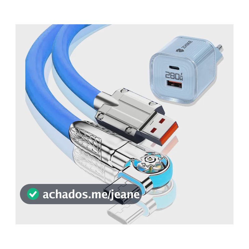 Kit Carregador 280w Gan Usb C Pd Qc 3.0 Cabo Silicone Tipo C Azul