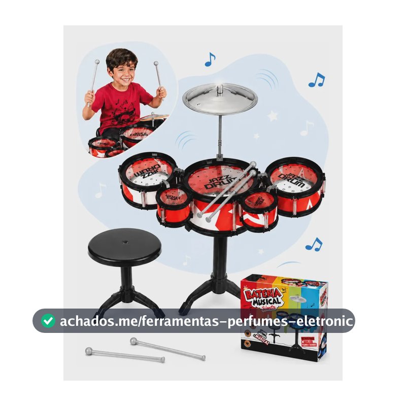 Mini Bateria Infantil Completa Com Banquinho Instrumento 5 Tambores Brinquedo Menino Criança Kizumba