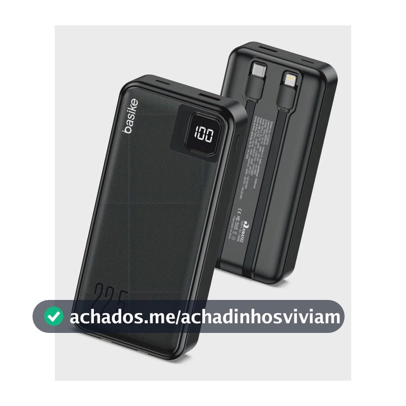 Power Bank Basike 20000mAh Preto, Carga Rápida 22.5W para iPhone e Samsung, Com Cabos Embutidos e Display