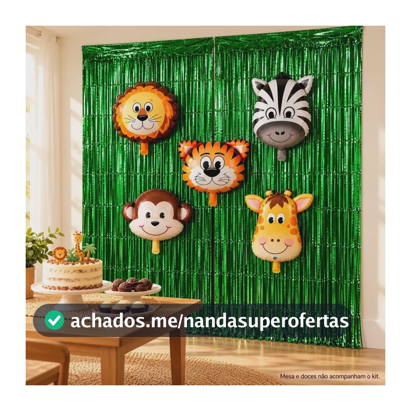 Kit Decoração Festa Safari Balão Bichos Cortina Verde Selva