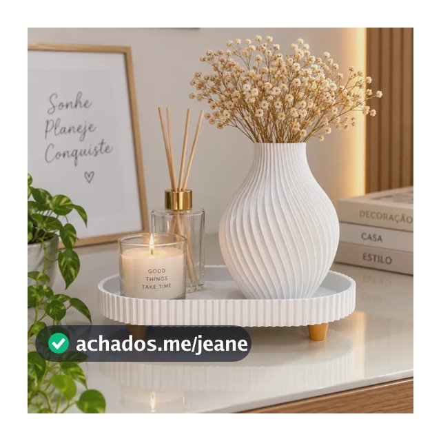 Kit Vaso Decorativo Com Bandeja Oval 3d Decoração Moderna Branco