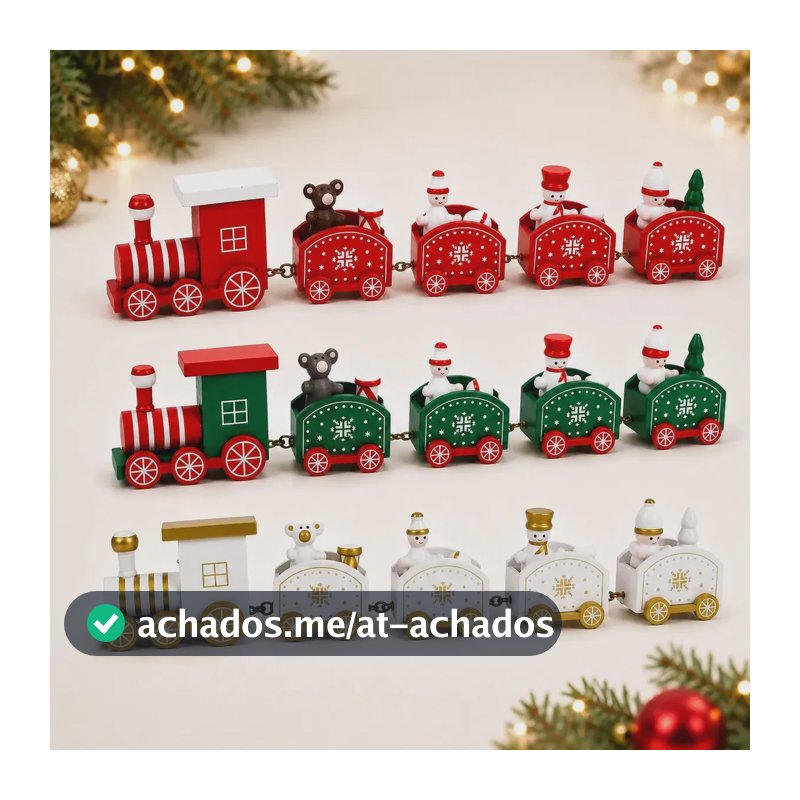 Trenzinho Enfeite de Natal de Madeira com 5 peças 1 Locomotiva + 4 Vagões Decoração Natalina Premium Encantadora Trem de Natal Vermelho - Petite Flô