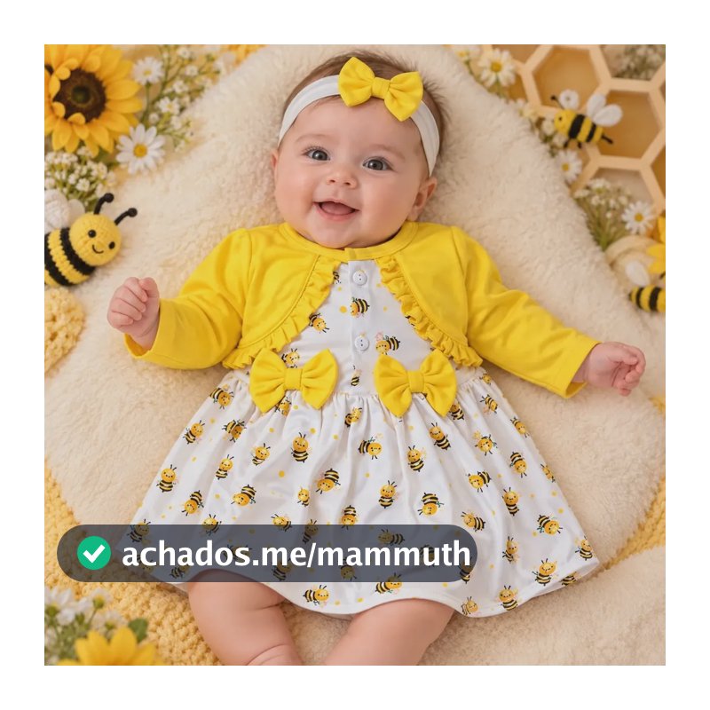 Conjunto Bebê Menina Vestido Abelhinha Com Bolero E Faixa Amarelo 0-3 Meses