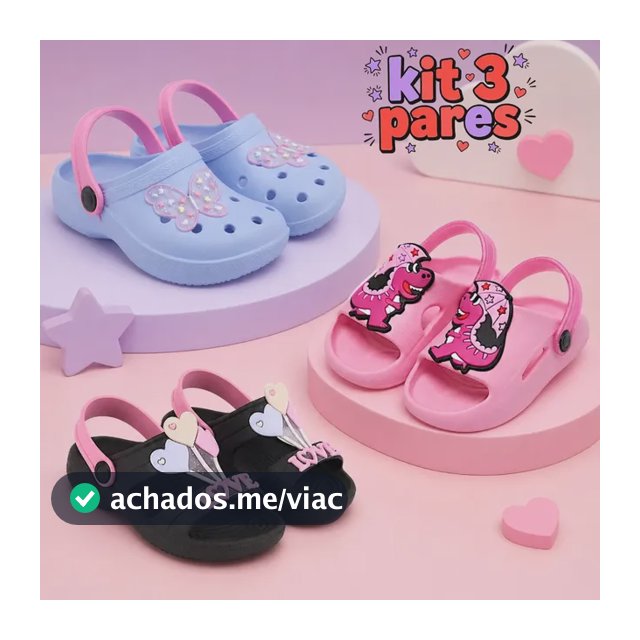 Kit 3 Pares Sandália Infantil Menina Slides Babuche Papete