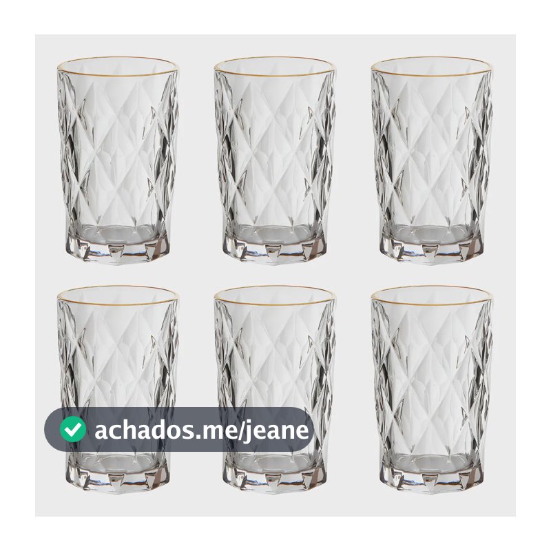 Jogo 6 Copos Altos Vidro 350ml Diamond Clear Borda Dourada Ke Home