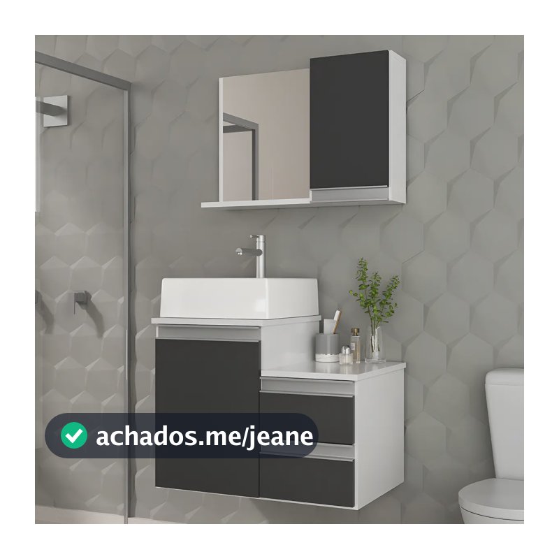 Kit Gabinete Banheiro - Armário+cuba+espelheira Cross 60cm Móvel Branco/preto