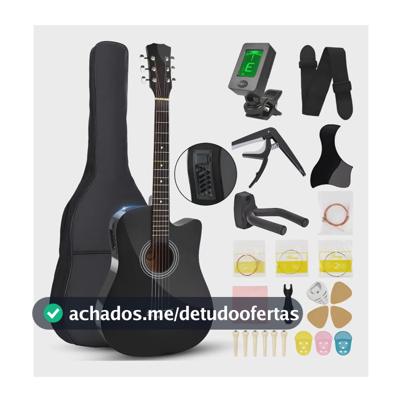 Kit Violão Eletroacústico de 38 Polegadas para Iniciantes, Preto, com Afinador e Acessórios Dc Music