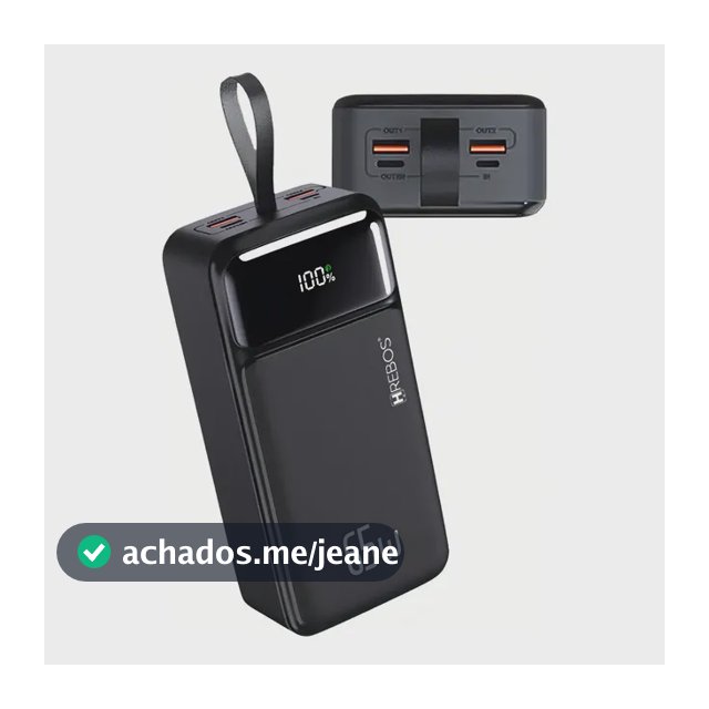Power Bank 30000mah Portátil 65w Turbo Usb-c/usb-a Hrebos Preto