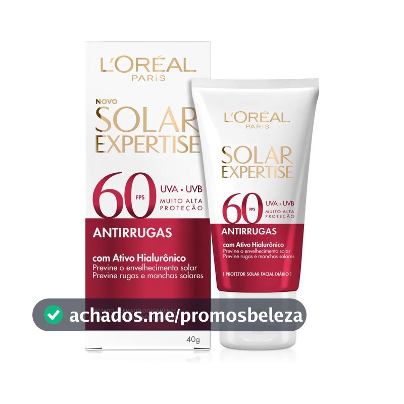 Protetor Solar Facial FPS 60 com Ativo Hialurônico que Previne Rugas, Manchas Solares, Hidrata e Tem Toque Seco, sem Perfume, Solar Expertise Antirrugas L'Oréal Paris 40g