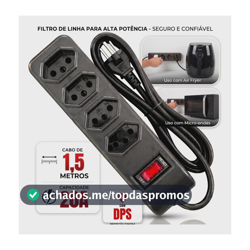 Filtro De Linha Profissional Protetor Elétrico 4 Tomadas 20a Cabo 1,5 Metros Bivolt Micro-ondas Air Fry Cafeteria Preto