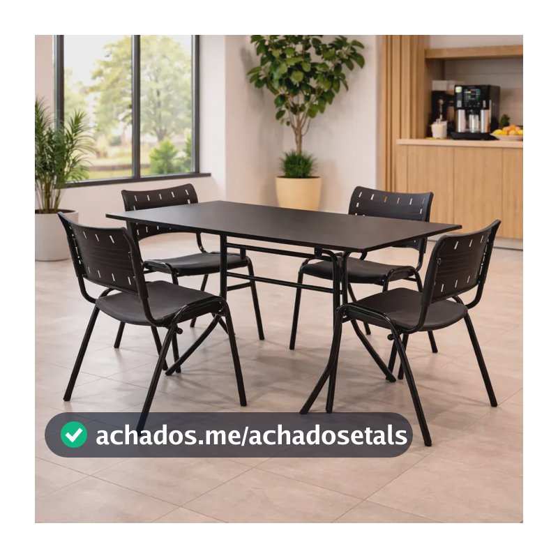 Jogo de Mesa Moema 120x70 com 4 Cadeiras Iso Preto Aço e MDF Retangular