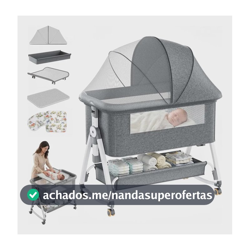 Berço Portátil Moisés Com Balanço E Colchão Extra Grosso Ursos Cinza