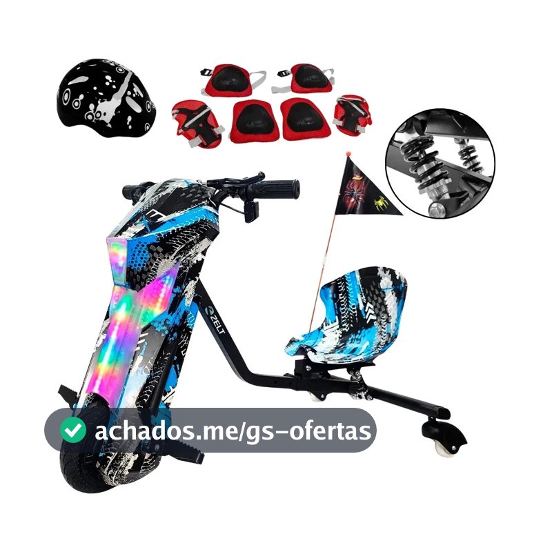 Triciclo Patinete Drift Com Amortecedor Roda Grande 8 Pol Elétrico 36v 20km/h Até 120kg Azul Zelt