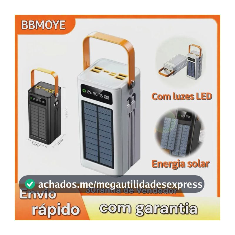 Power Bank Solar 50.000 mAh Carregador Portátil Turbo com Display LED e Lanterna para Viagem e Emergência BBMOYE