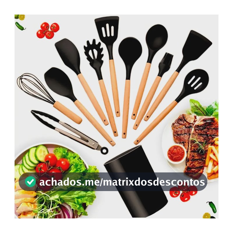 Kit 12 Utensílios De Cozinha Em Silicone E Cabo De Madeira Preto
