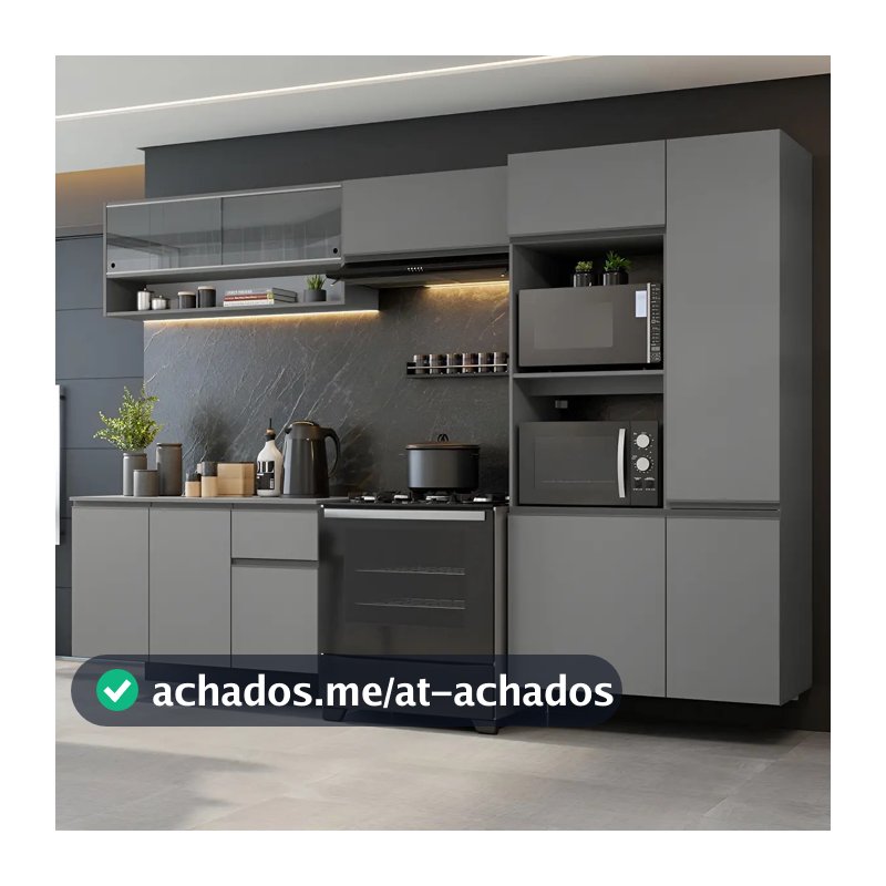 Armário Cozinha Completa Modulada Suspensa com Balcão para Cooktop 300cm Cinza Nice Madesa GRNC3000073B