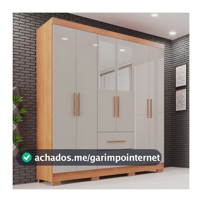 Guarda-roupa Casal com Espelho 6 Portas 2 Gavetas Sallêto Cinamomo/Off White