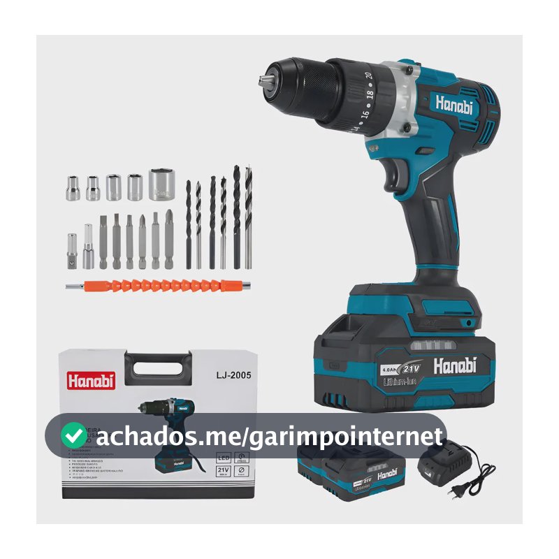 Parafusadeira Furadeira Impacto Hanabi JL-2005 80nm 13mm Brushless Sem Fio 2 Baterias 4.0Ah Cor Azul-petróleo Frequência 50hz / 60hz