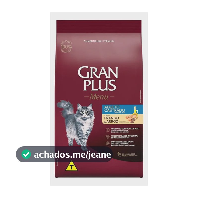 Ração Seca Gran Plus Gato Adulto Castrado Frango Arroz 3kg