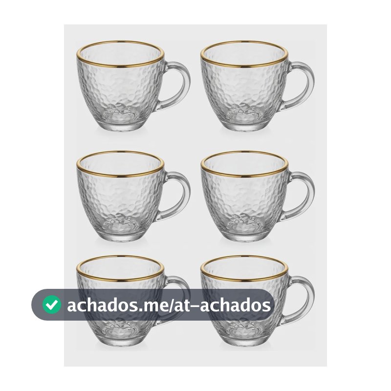 Jogo 6 Xícaras Café Chá 100ml Vidro Borda Dourada Luxo Dourado Martelado
