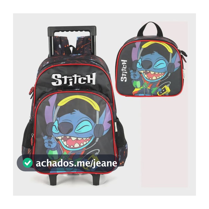 Mochila Rodinha Lancheira Menino Stitch Ic42372sc Preto Liso