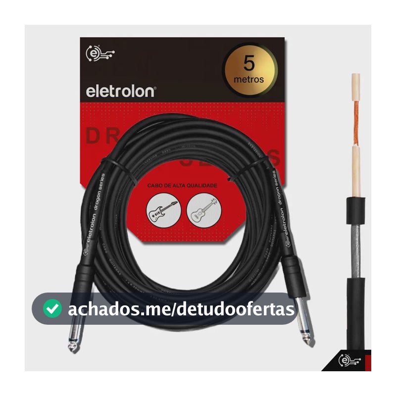 Cabo P10 Mono para P10 Mono 5 Metros Profissional Áudio Som Guitarra Violão Baixo Teclado Amplificador Pedal Instrumento Musical Blindado Resistente Plug Reforçado Qualidade Premium Estúdio Eletrolon