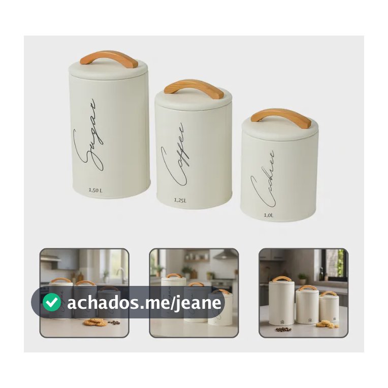 Kit 3 Potes Herméticos Mantimentos Com Tampa Alça Moderno cor creme