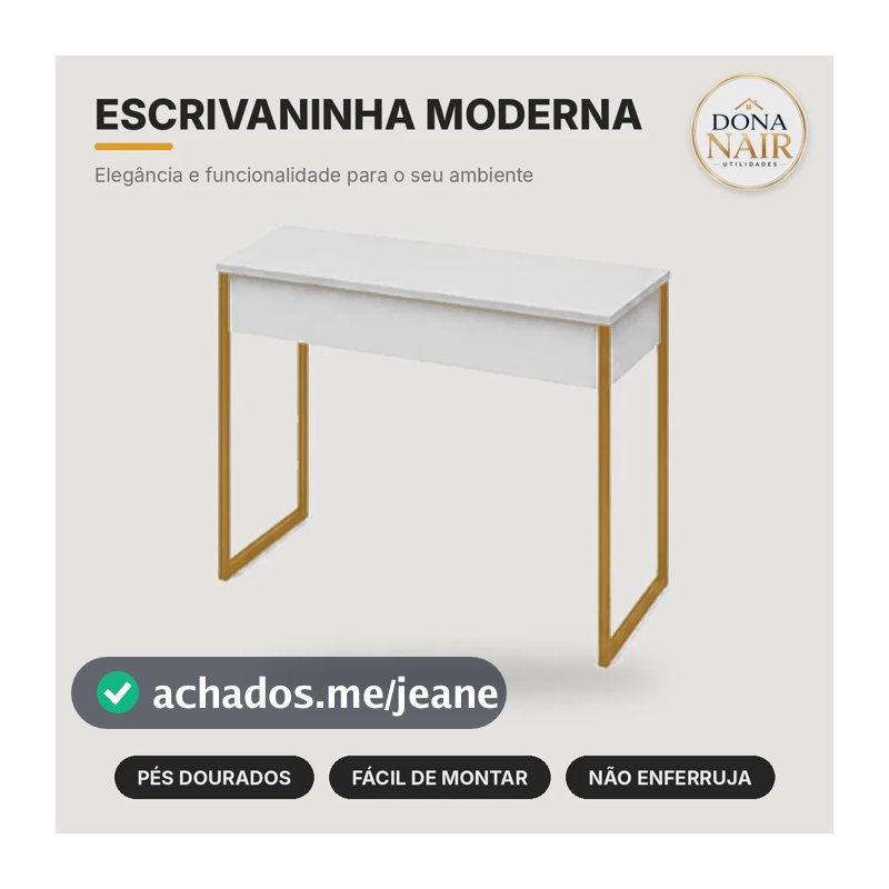 Mesa Escrivaninha Escritór 120/90cm  - Pés De Alumínio Forte Branco C/ Dourado 90cm