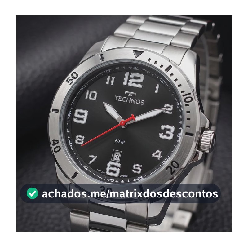 Relógio Technos Masculino 2115MYK/1P 45 Milímetros Prata Todo em Aço Inoxidável com Calendário e Prova D´Agua 50m