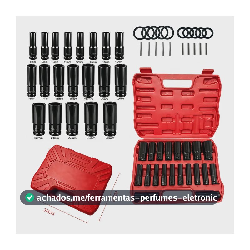 Kit de 20 Soquetes de Impacto Longos 1/2" 8 até 32 mm para Parafusos Sextavados e Porcas, com Maleta Organizadora, Pinos e Anéis de Retenção para Reparos Automotivos, Oficinas e Manutenção de Máquinas