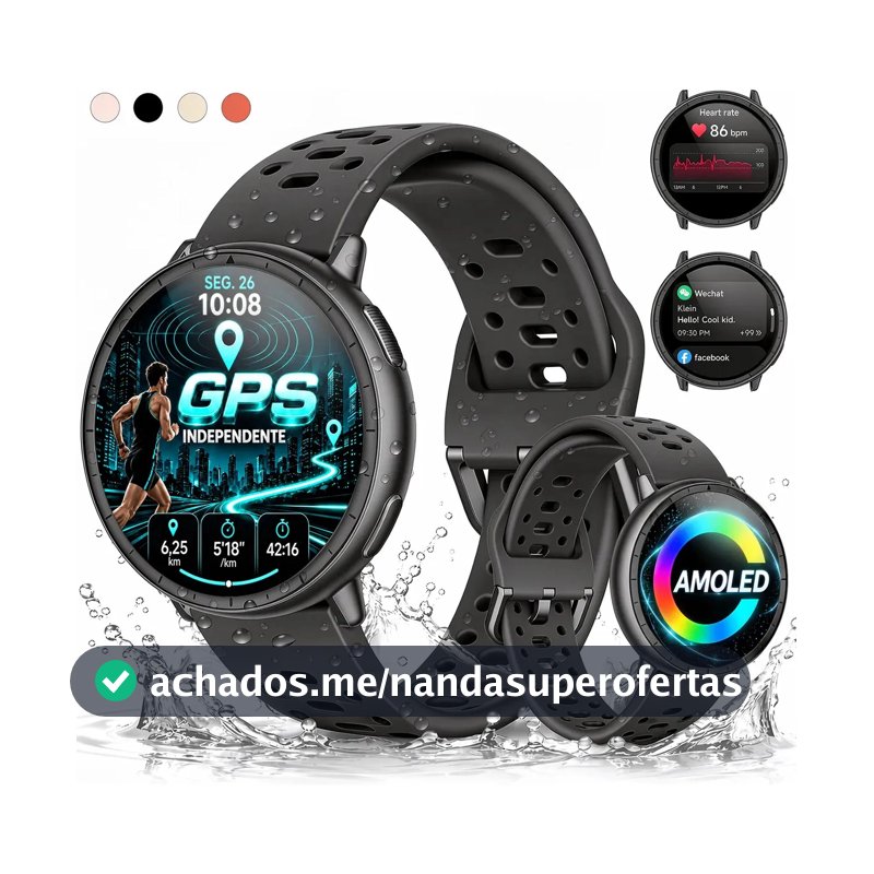 Smartwatch GPS Relógio Inteligente AMOLED NOVANTE Digital IP68 5ATM Impermeável Masculino Feminino Com Chamadas Bluetooth Notificações Instantâneas Monitoramento De Saúde Pulseira Para Smartband Preto