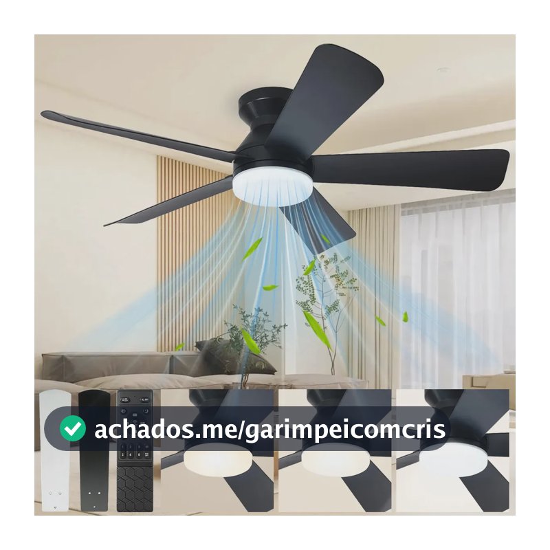 Ventilador de Teto 42" Com Luz LED, 5 Pás, Motor Silencioso e Controle Remoto Para Sala ou Quarto