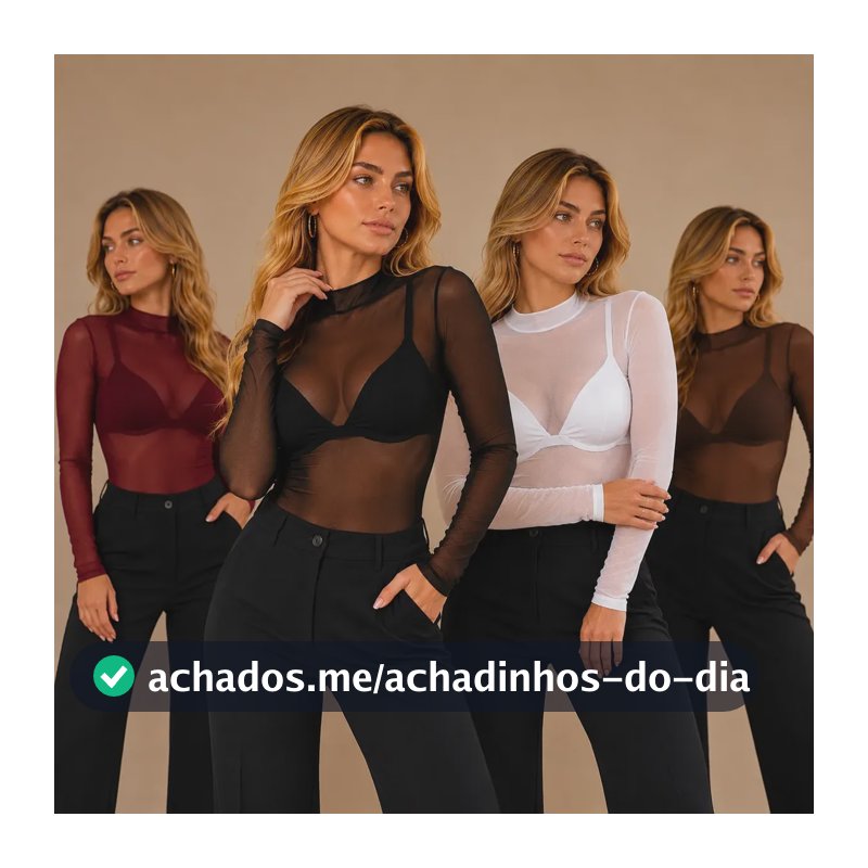 Body Tule Feminino Segunda Pele Manga Longa Gola Alta Sexy Preto Liso Único (36 A 44)