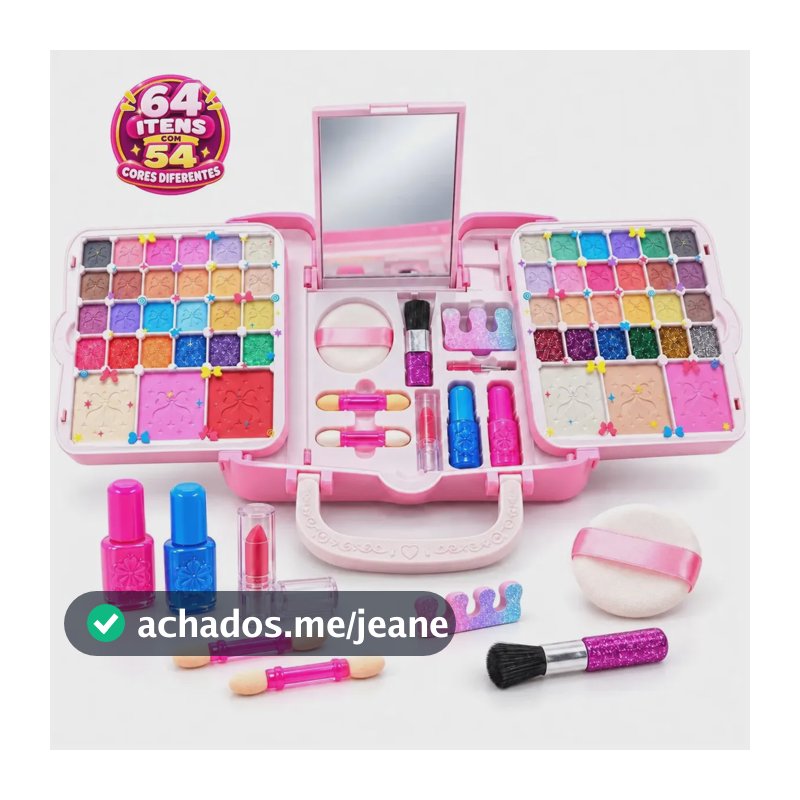 Kit Maquiagem Infantil 64 Itens 54 Cores Bolsa Mágica Com Espelho e Alça Brinquedo Completo Lavável Menina 3+