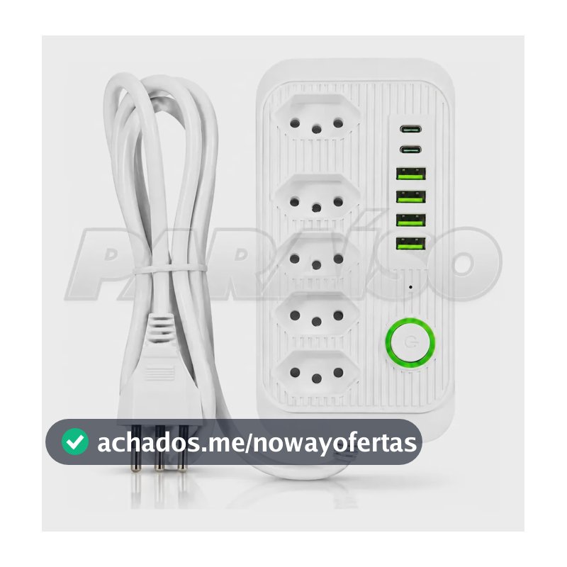 Extensão Paraíso Elétrica com 5 Tomadas, 4 USB e 2 Tipo C, Cabo de 2m