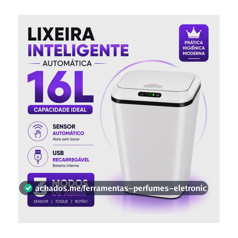Lixeira Inteligente Automática 16L Sensor Infravermelho Recarregável USB-C 3 Modos Tampa Touch Banheiro Cozinha