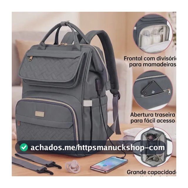 Bolsa Mochila Maternidade Lequeen Bebê Multifunção Reforçada Gráfite Feminina