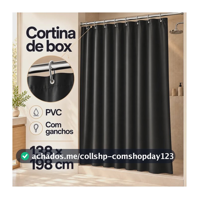 Cortina para Box de Banheiro SóLar Lisa de PVC Grosso Antimofo Preto