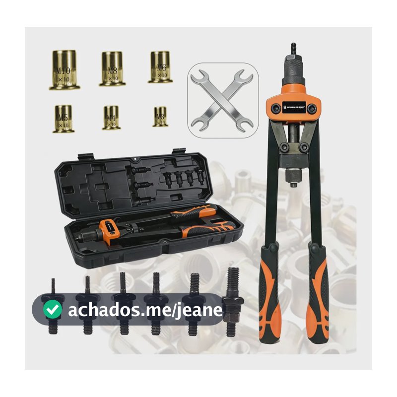 Kit Rebitador Manual Rosca Com Cabo Borracha Alavanca M3-m10 Pro Kit + 60porcas De Rebitagem + 6bocal + 2chave De Boca Aberta