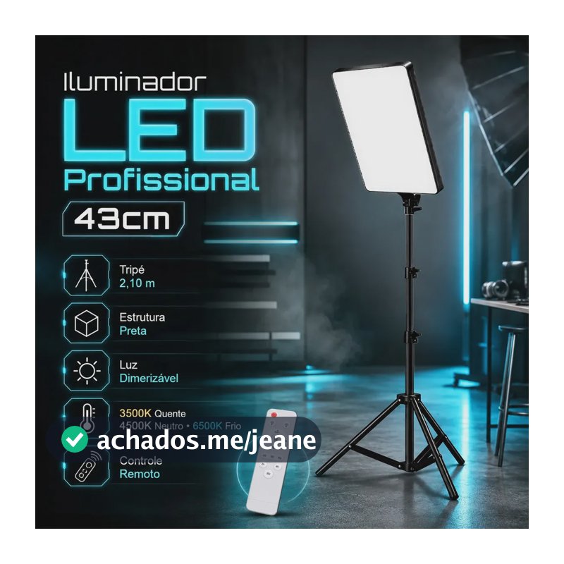 Iluminador LED Profissional Quadrado Lumi Para Fotos e Vídeos, Com Tripé de 2,10m e Luz Ajustável