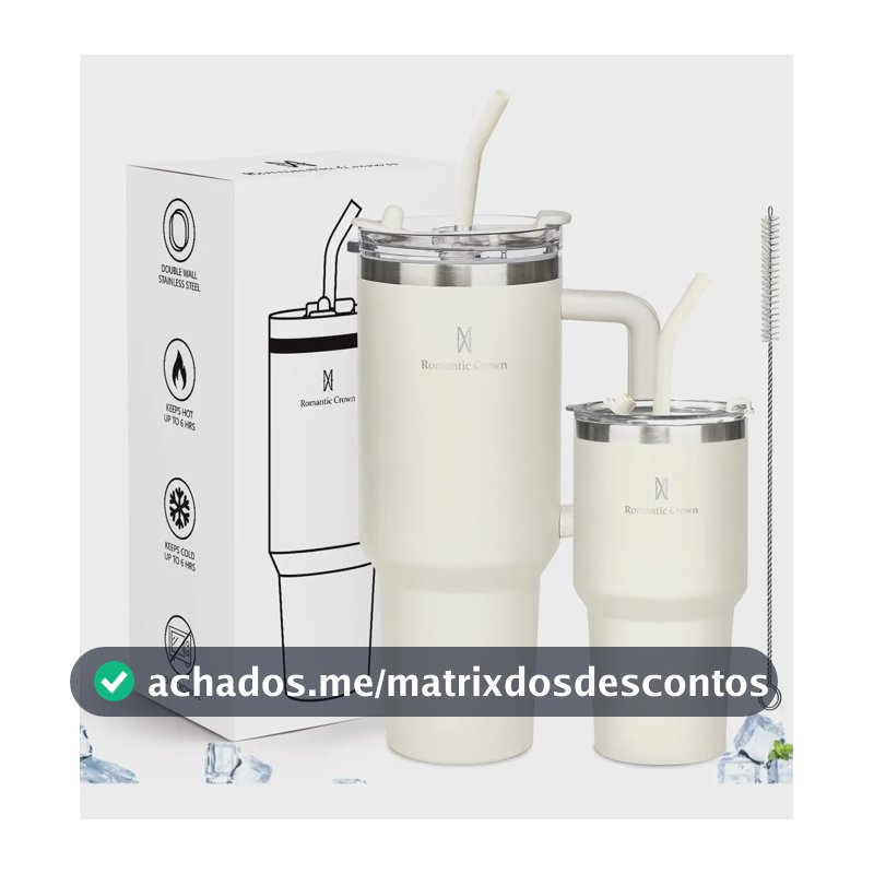 Kit Copo Térmica Inox 1200ml & 600ml Com Tampa E Canudo Branco Cor Pura