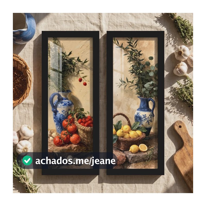 Kit 2 Quadros Decorativos Cozinha Limão Tomate 18x45cm Preto