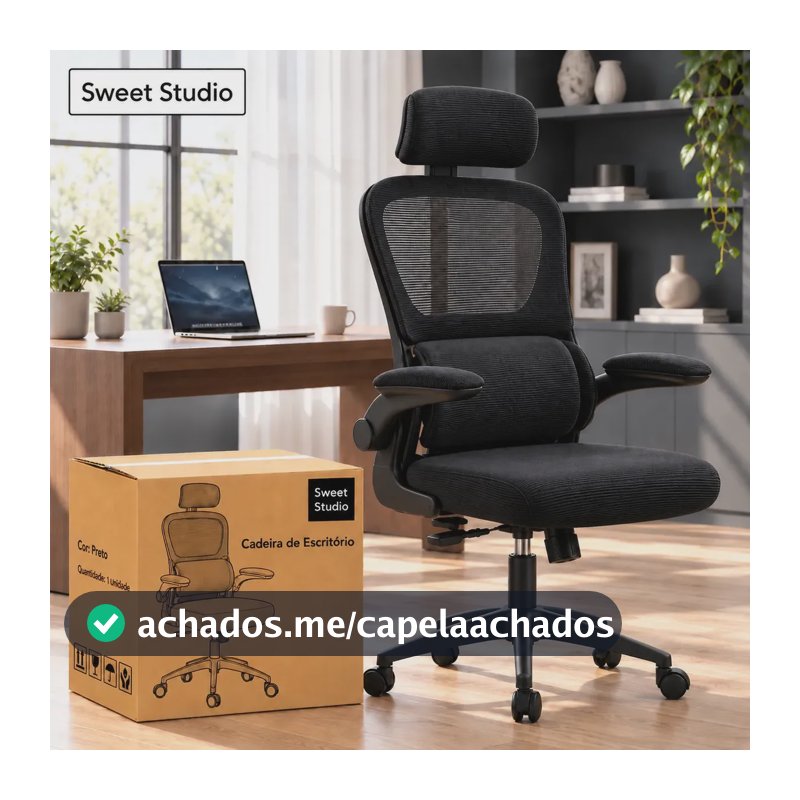 Cadeira Sweet Studio Escritório Ergonômica Giratória Preto Com Apoio Lombar e Apoio de cabeça