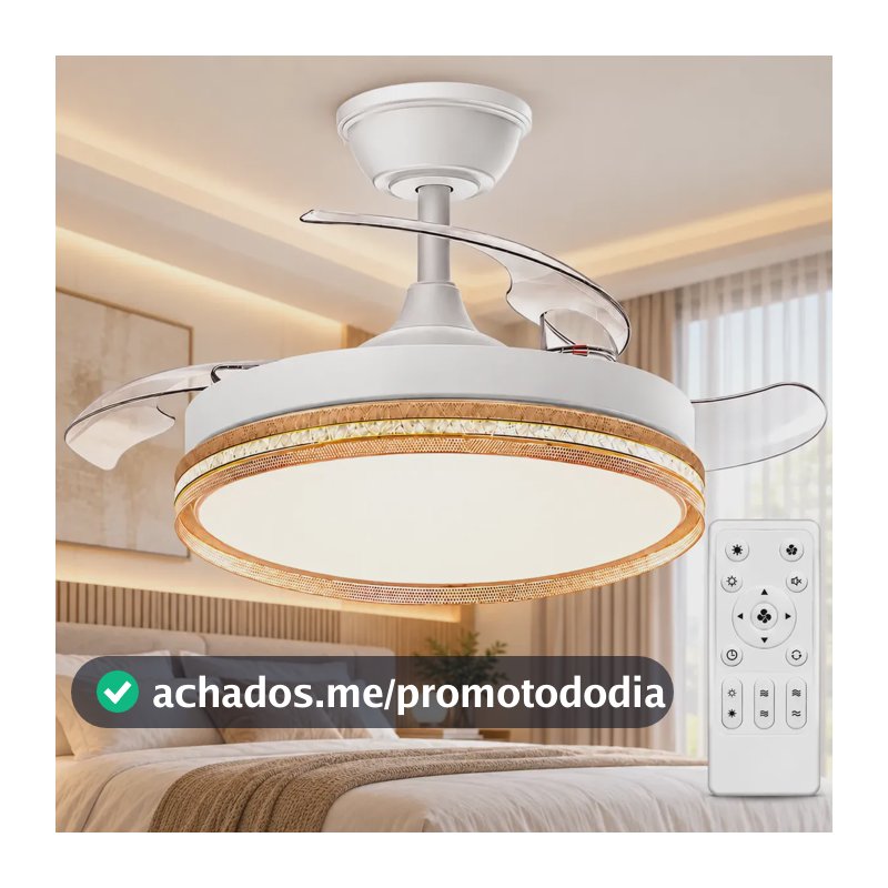 Ventilador de Teto Dourado 42" Com Pás Retráteis, Luz LED e Controle Remoto