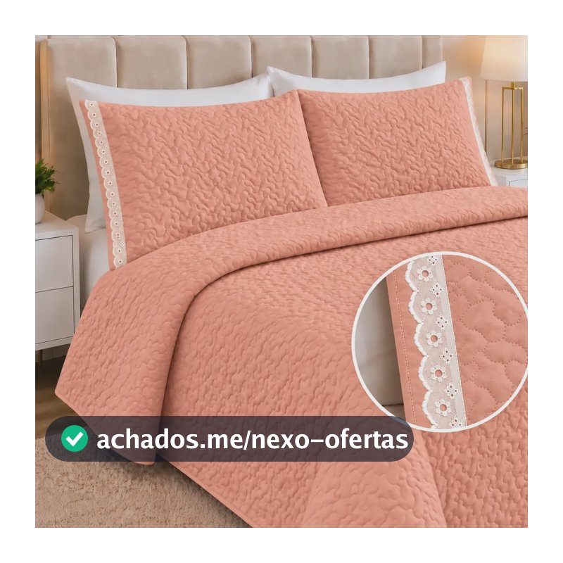 Kit Cobre Leito Casal Dupla Face Colcha 3 Peças 200 Fios Rose