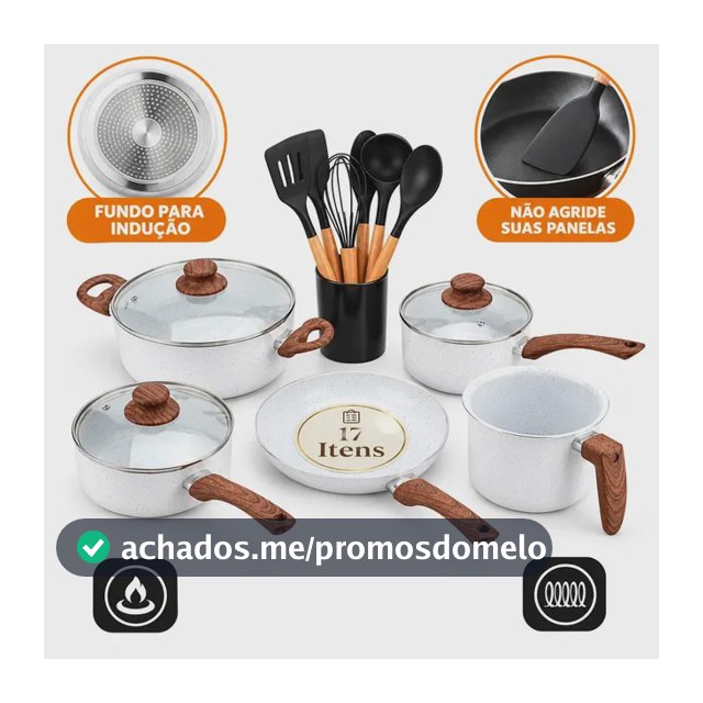 Jogo De Panelas 17 Peças Indução Revestimento Cerâmico Antiaderente Com Frigideira Baunilha Gás e Elétrico Pfoa Free e Utensílios Silicone Ponte Lar Utilidades